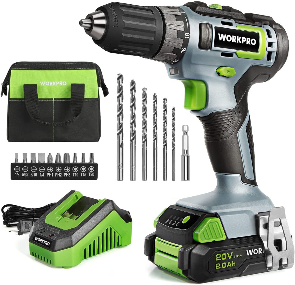 workpro 20v cordless drill driver kit, 2.0 ah li ion battery, 1 hour fast charger and 11 inch green storage bag included