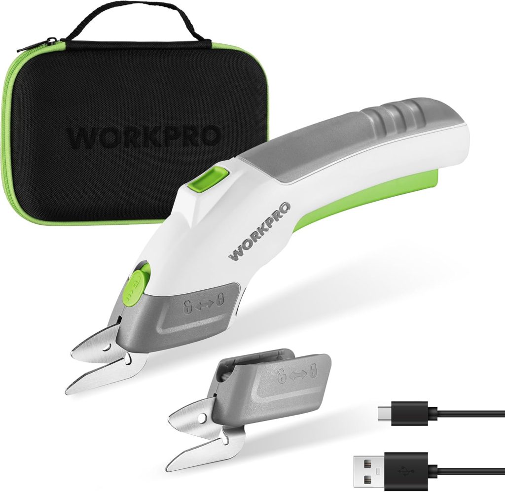 workpro cordless electric scissors with 2 blades, 4v rechargeable powerful shears cutting tool for fabric, leather, carpet and cardboard, power shears for sewing, scrapbooking, crafting