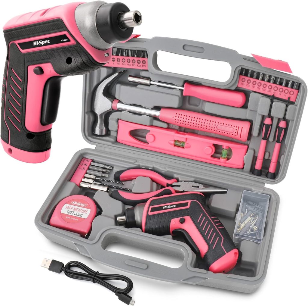 hi spec 35pc pink tool kit with 3.6v usb electric screwdriver and drill set. complete women tool set