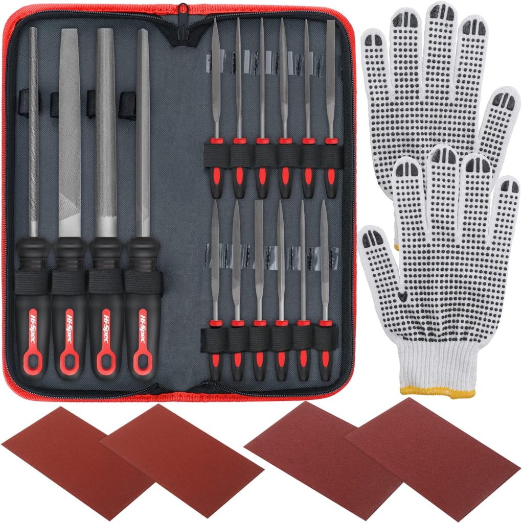 hi spec 17 piece metal hand & needle file tool kit set. large & small mini t12 carbon steel flat, half round, round & triangle files. complete in a zipper case with a brush