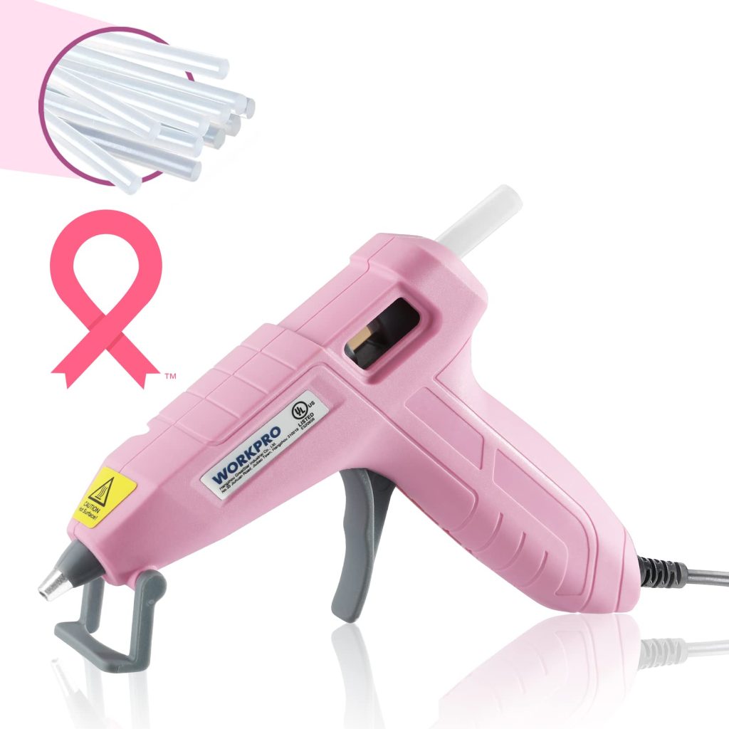 workpro mini hot glue gun kit with 20 pcs hot glue sticks – pink ribbon